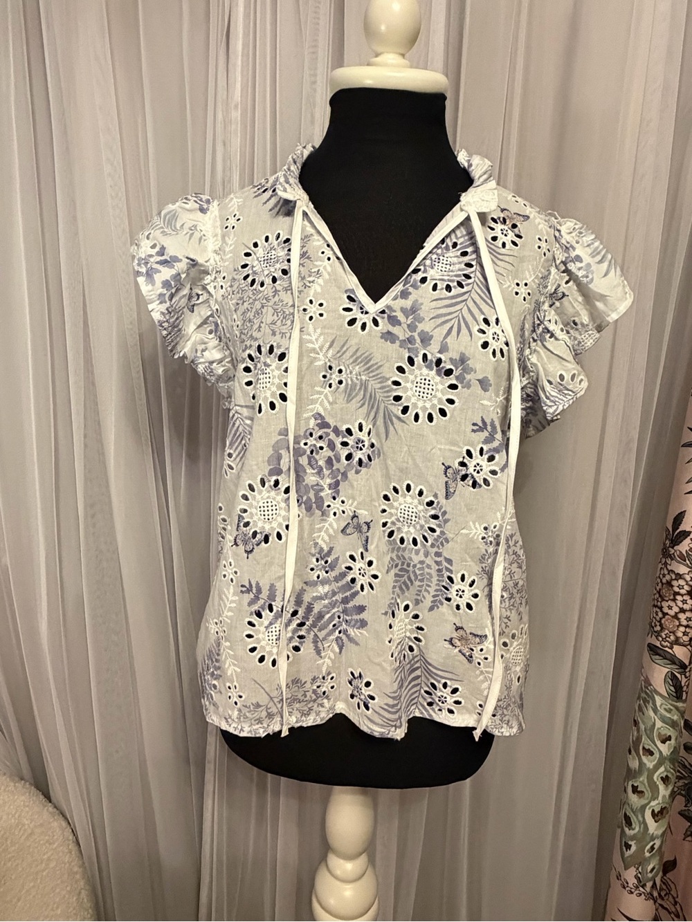 Solitaire Light Blue Floral Eyelet V-Neck Top